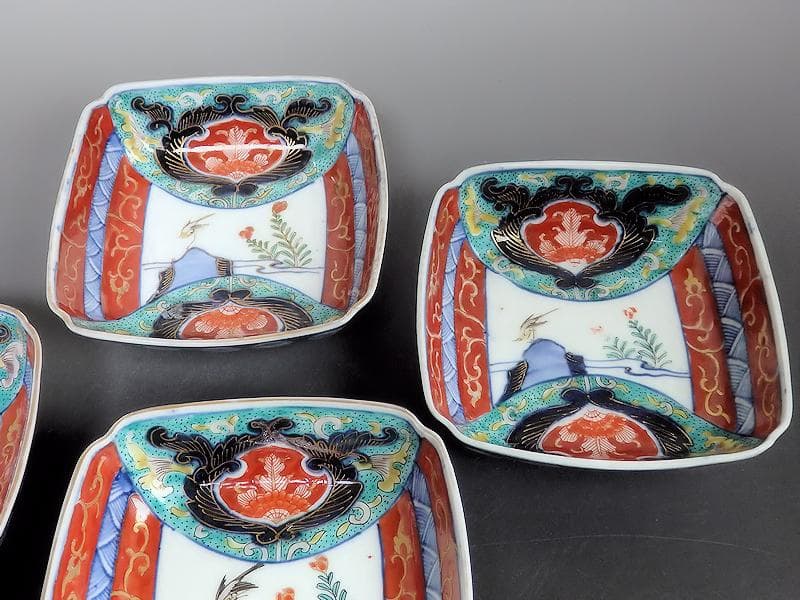 古伊万里　色絵　窓絵　花鳥紋の図　四方角皿　5客　1221AS-BFg