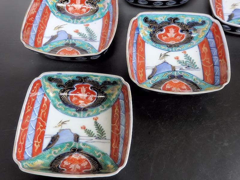 古伊万里　色絵　窓絵　花鳥紋の図　四方角皿　5客　1221AS-BFg