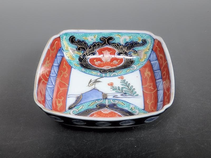 古伊万里　色絵　窓絵　花鳥紋の図　四方角皿　5客　1221AS-BFg