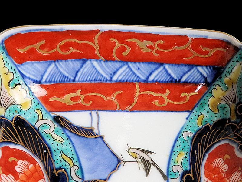 古伊万里　色絵　窓絵　花鳥紋の図　四方角皿　5客　1221AS-BFg