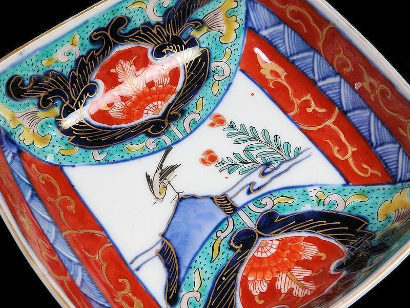 古伊万里　色絵　窓絵　花鳥紋の図　四方角皿　5客　1221AS-BFg