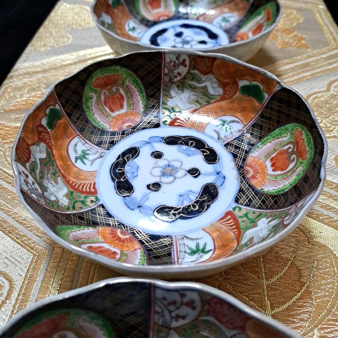 アンティーク 古伊万里 染錦 懐石皿 なます皿 5寸 6客揃 色絵