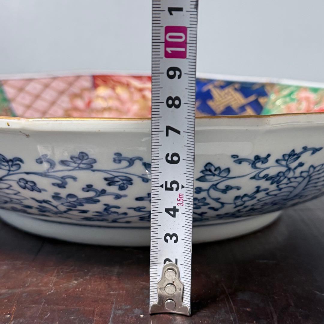 大聖寺伊万里　鳳凰龍図十二角浅鉢　立体的　大明万暦年製　合箱　31.5cm