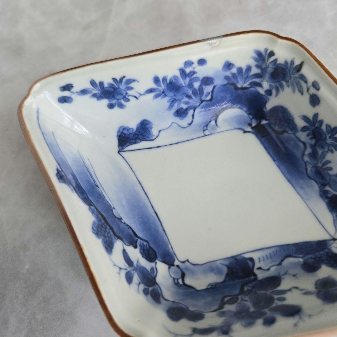 古伊万里 染付 隅入菱皿 小皿 江戸時代 金直し 金継ぎ 骨董