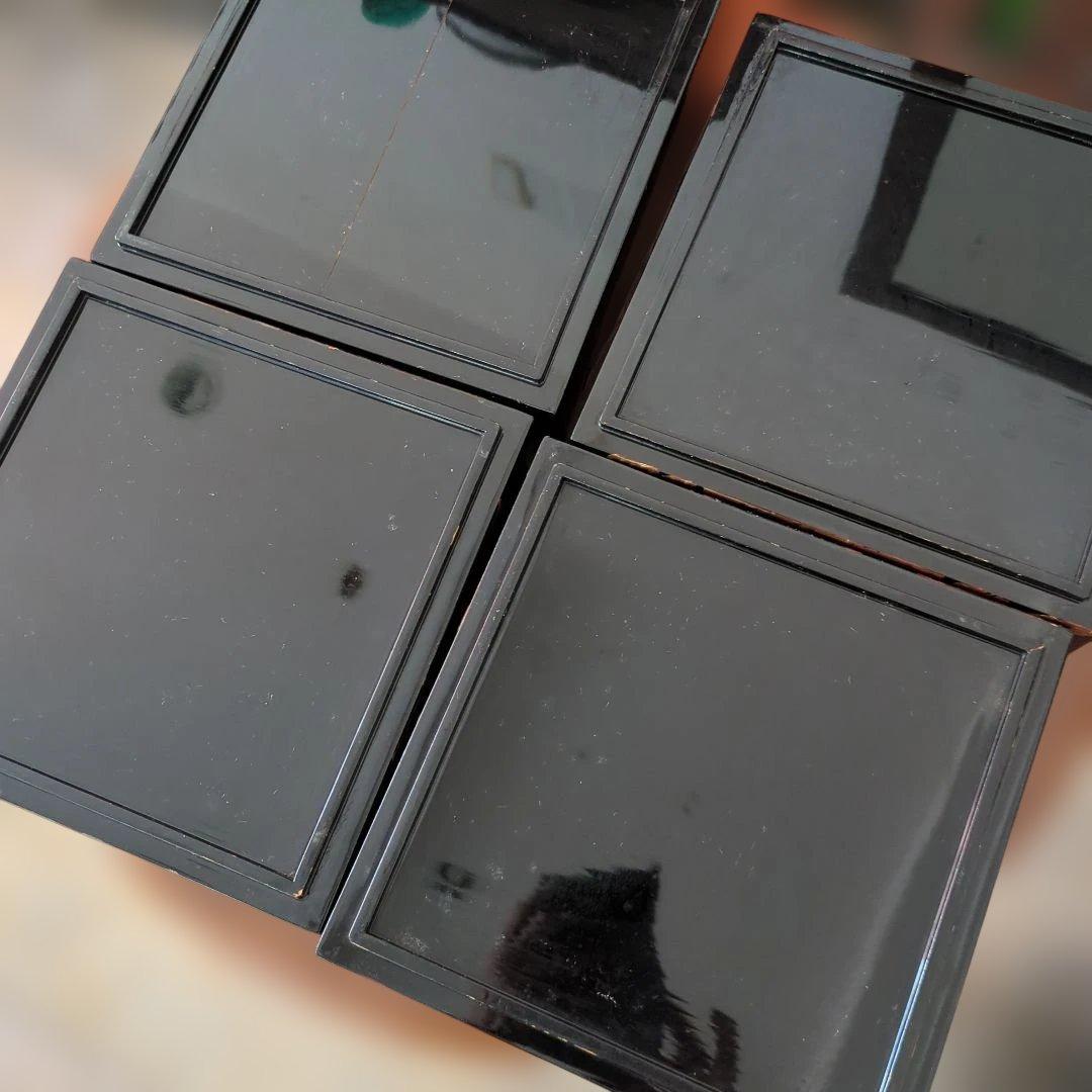 特価　骨董 4段重箱 重箱 蒔絵 螺鈿 縁起柄 木製 漆器 重台付き 替蓋付き