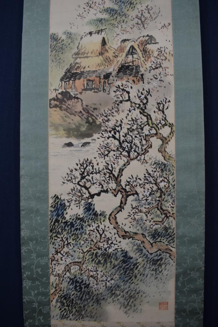 真作】秋峰/梅花山水図/山家梅花図/掛軸☆宝船☆Y-