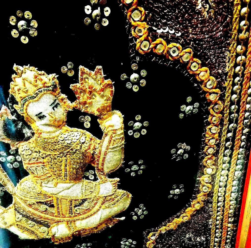 アンティーク、インド刺繍絵 インドの手作りの刺繍の作品 古い刺繍のビーズ画