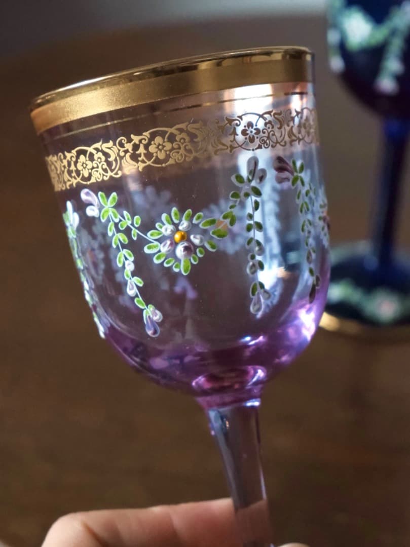ベネチアングラス 3色 金彩装飾 花文 手描き装飾 ワイングラス Q2242
