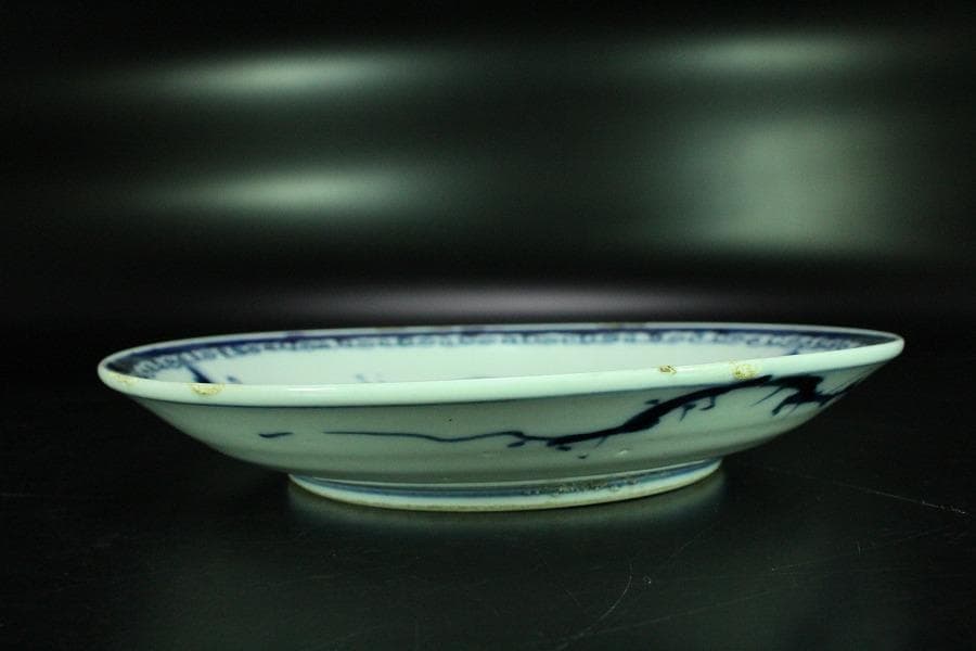 中国美術 青花 馬上武人紋 盤 φ21cm 古染付 清(K-RC962)