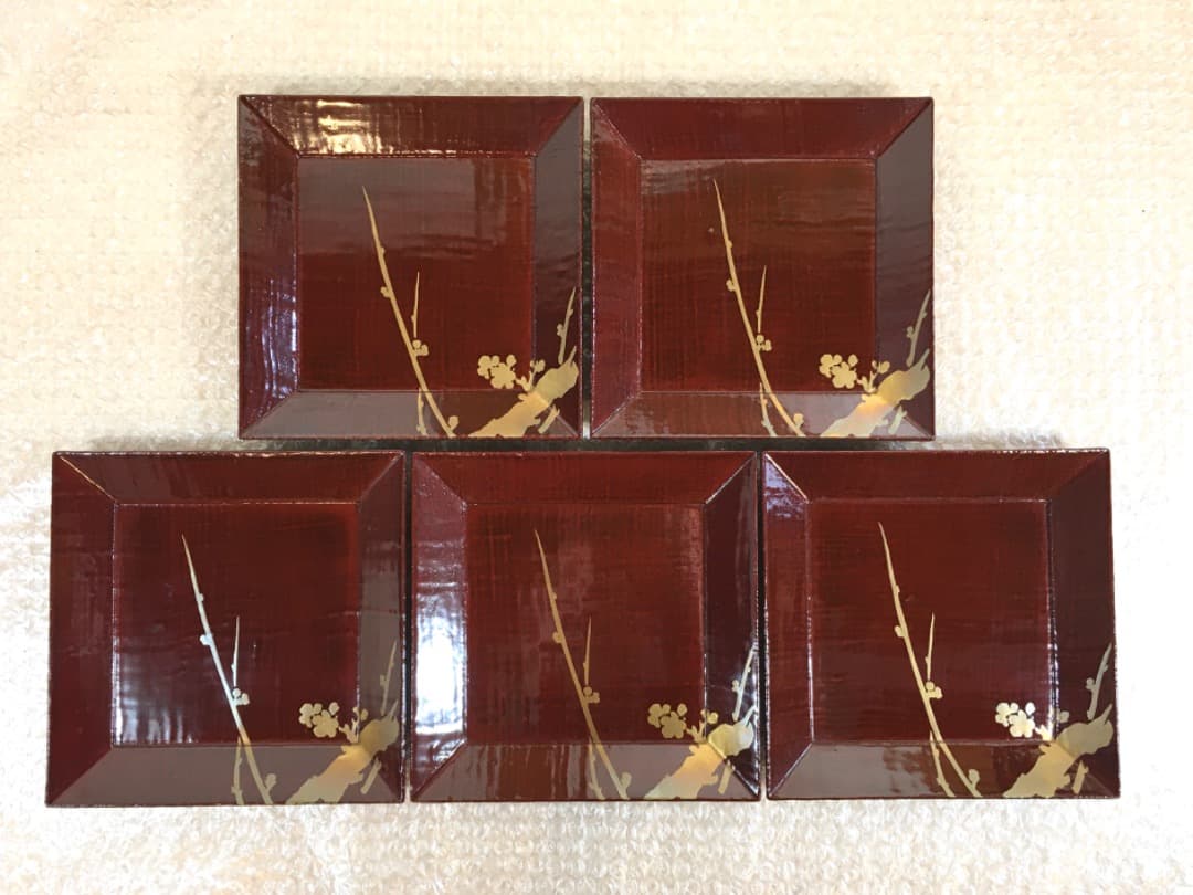 【四君子】時代漆器 盆 ２０枚 5枚1組4セット 木箱付き 布目盆 【美品】