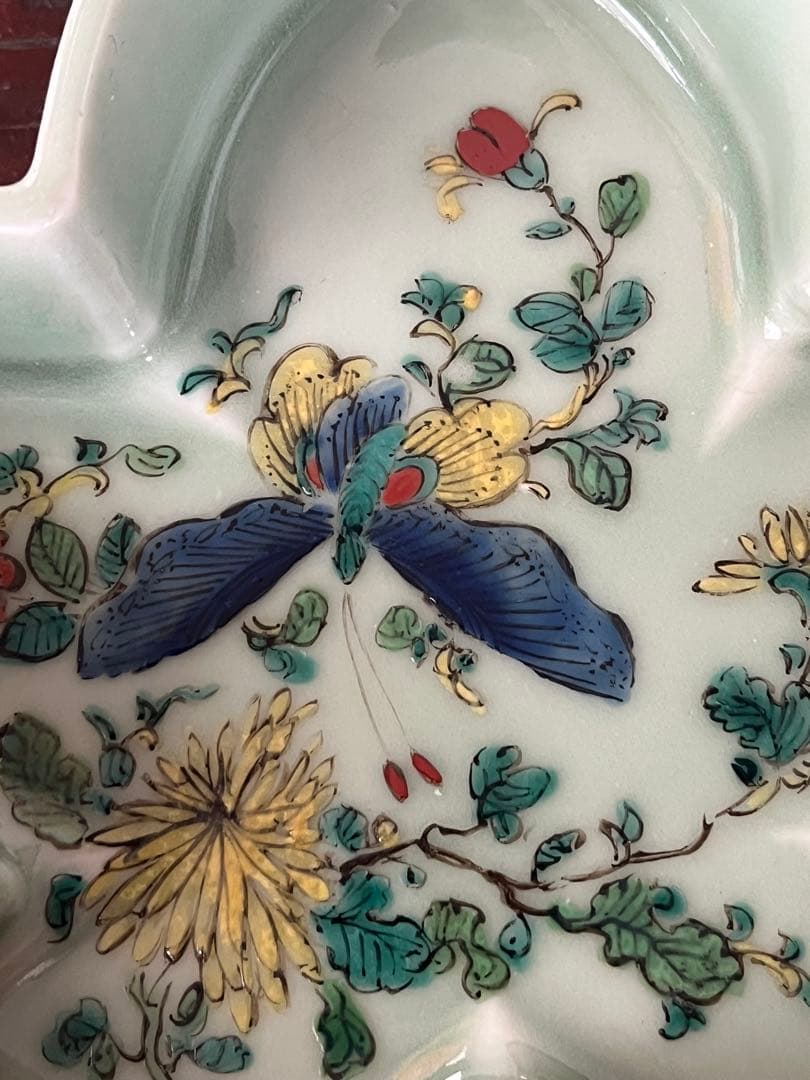 希少 注文品 清朝期 新渡 楓形鉢 五彩 蝶 虫 菊 中国古玩