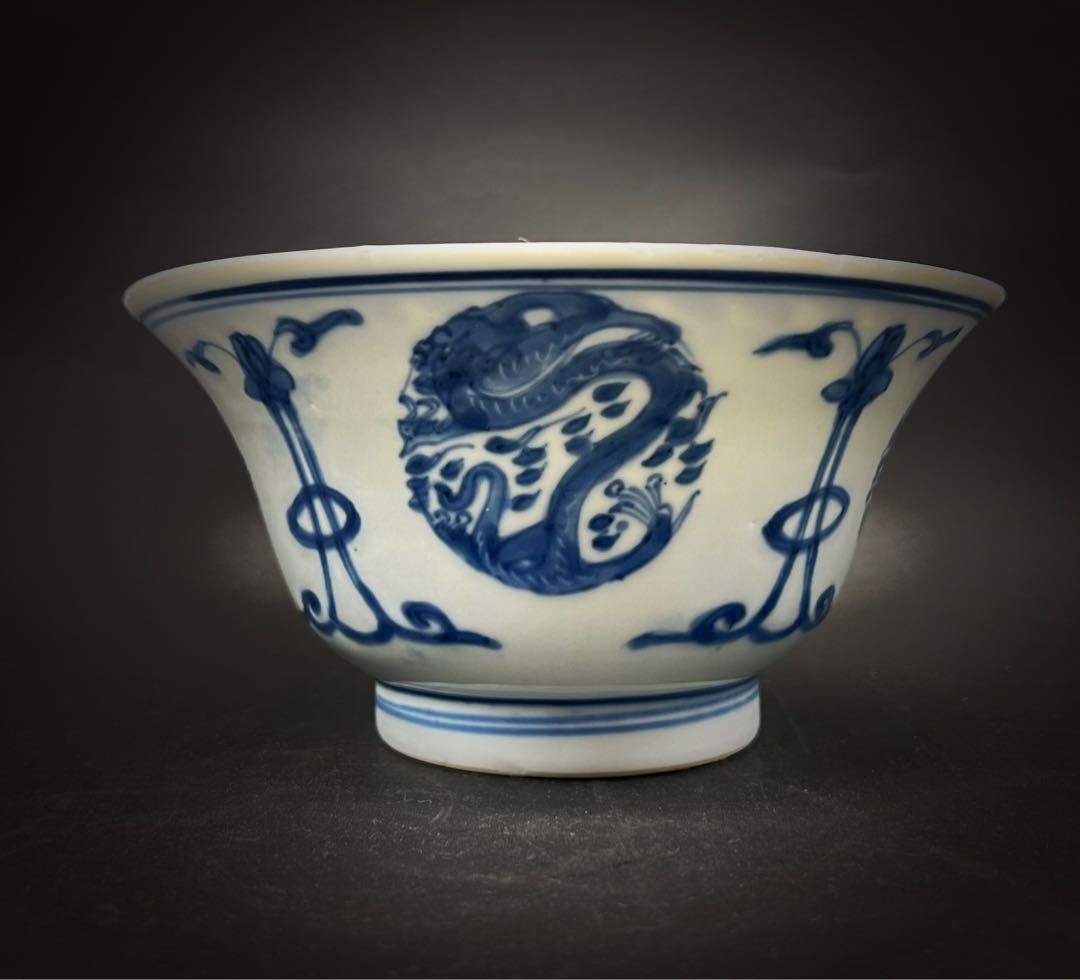 中国美術 古玩 清 康熙 梵文團龍紋青花大碗 茶碗 中国美術 古玩