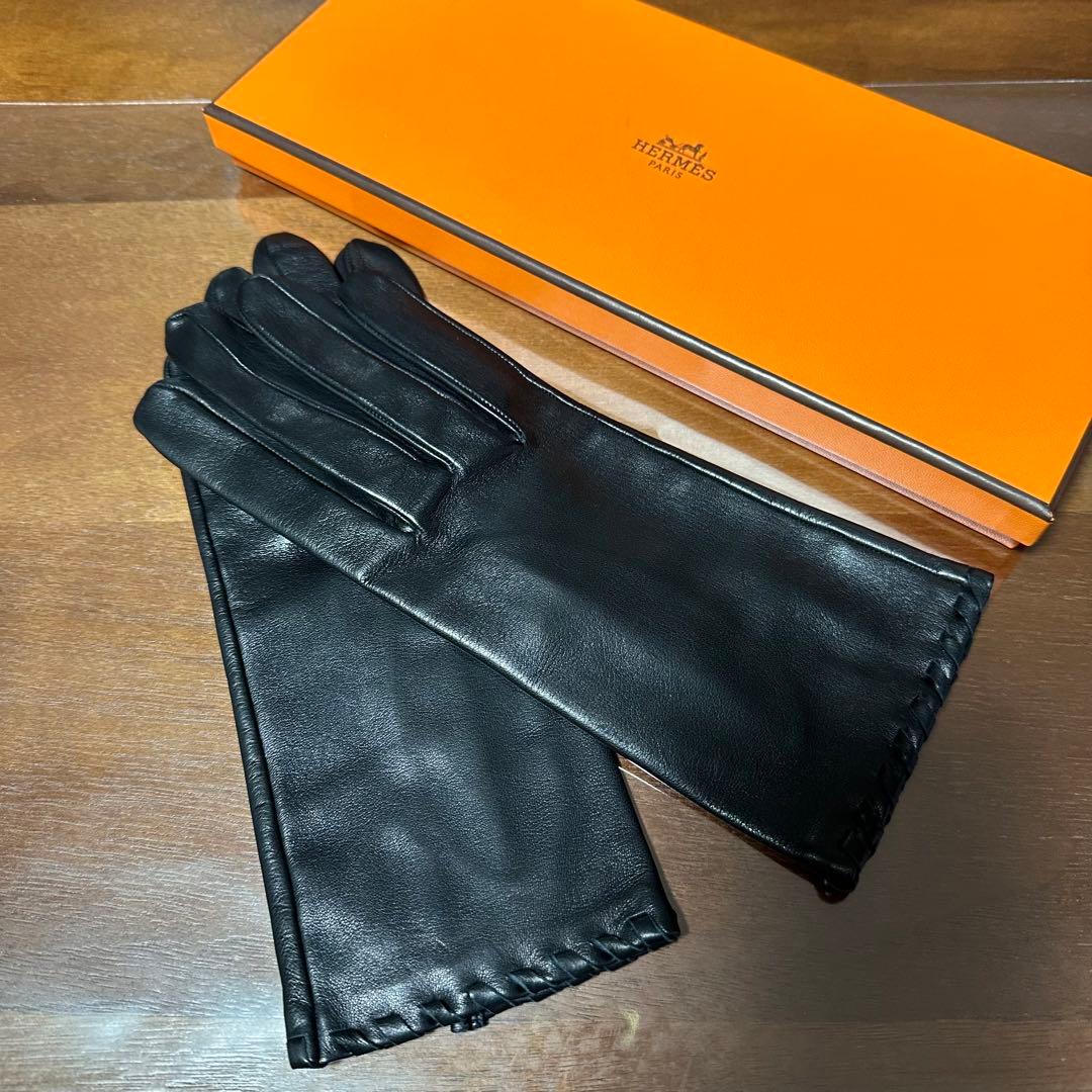 エルメス 手袋 グローブ ラムレザー 7 未使用 黒 シャ
