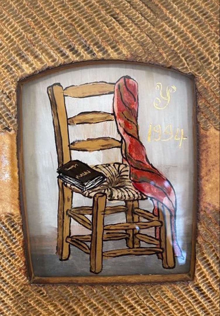 民藝　岩井窯　ガラス絵　1994年　スペインの椅子　共箱