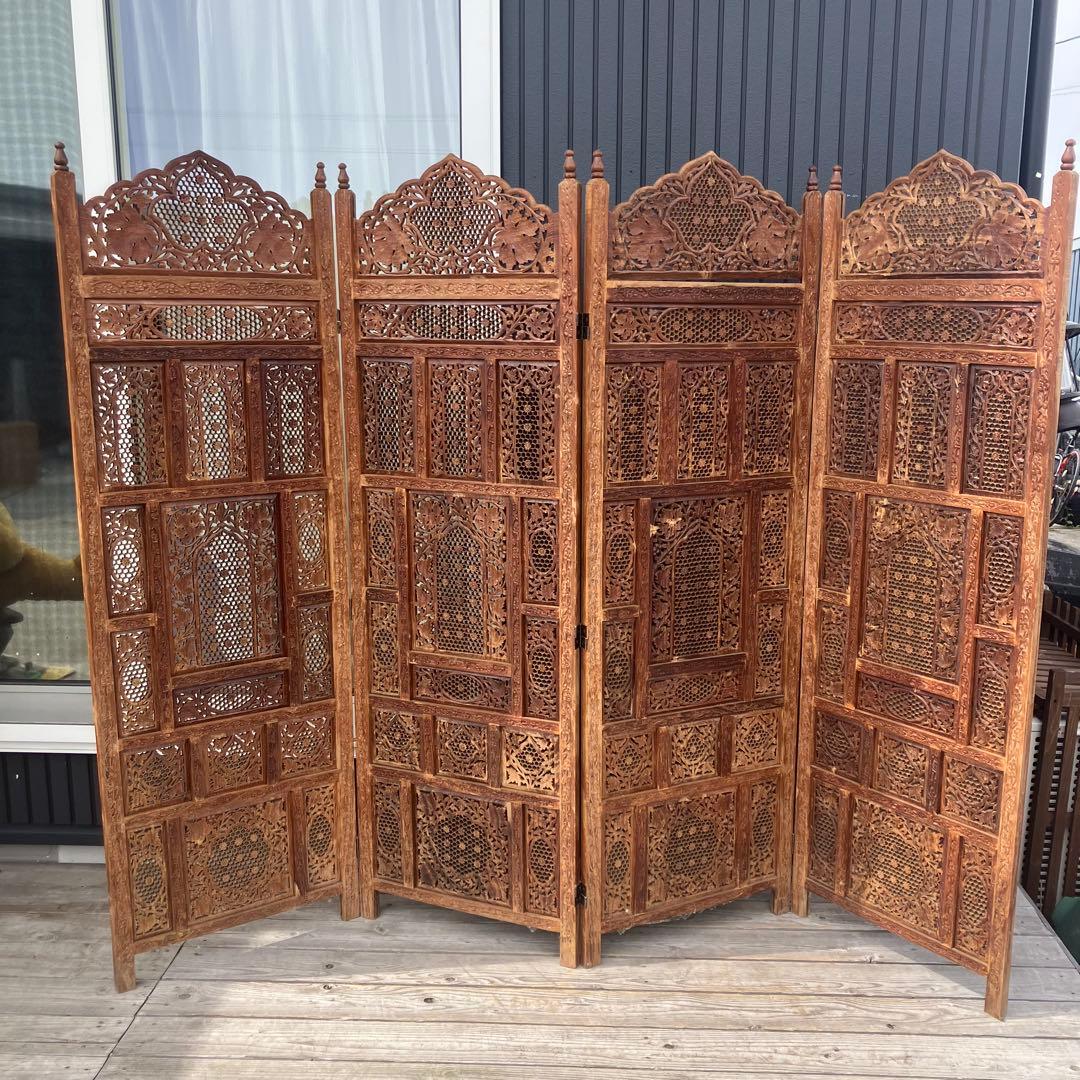 アジアンレトロ 装飾彫り 透かし彫り 木製 4連パーテーション 間仕切り