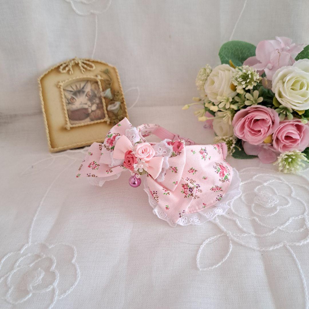 和風つまみ細工付き(ピンク①)わんちゃん猫ちゃん用襟つき首輪