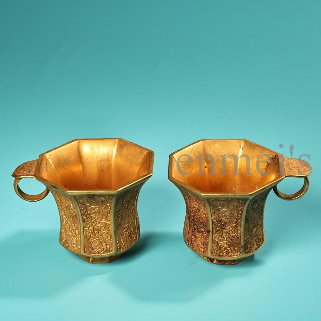 中国古美術・珍蔵純銅製・鎏金・錾花彫刻・八角彫刻酒杯セット・茶道具・風水置物