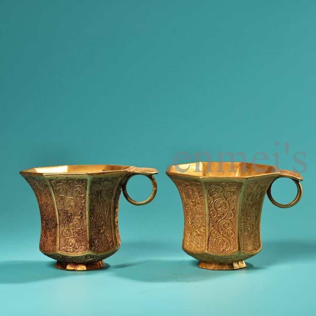 中国古美術・珍蔵純銅製・鎏金・錾花彫刻・八角彫刻酒杯セット・茶道具・風水置物