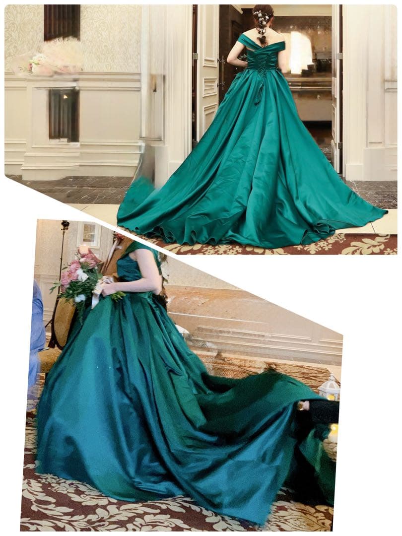 カラードレス 9号 ウェディングドレス サテン グリーン プリンセスライン