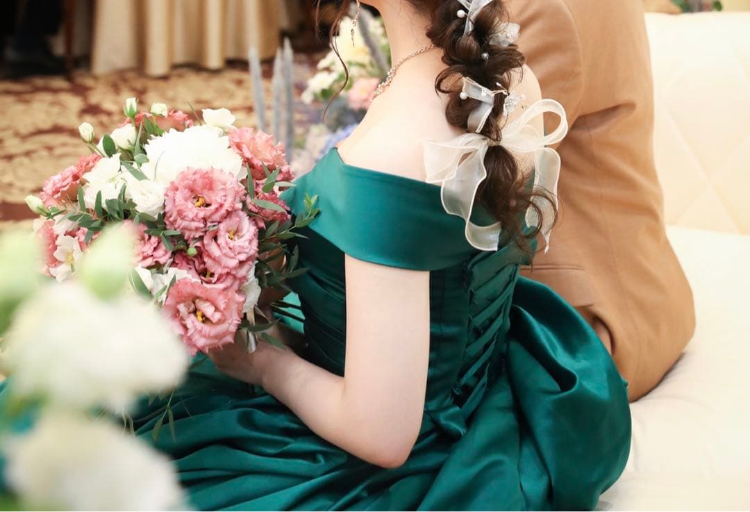 カラードレス 9号 ウェディングドレス サテン グリーン プリンセスライン