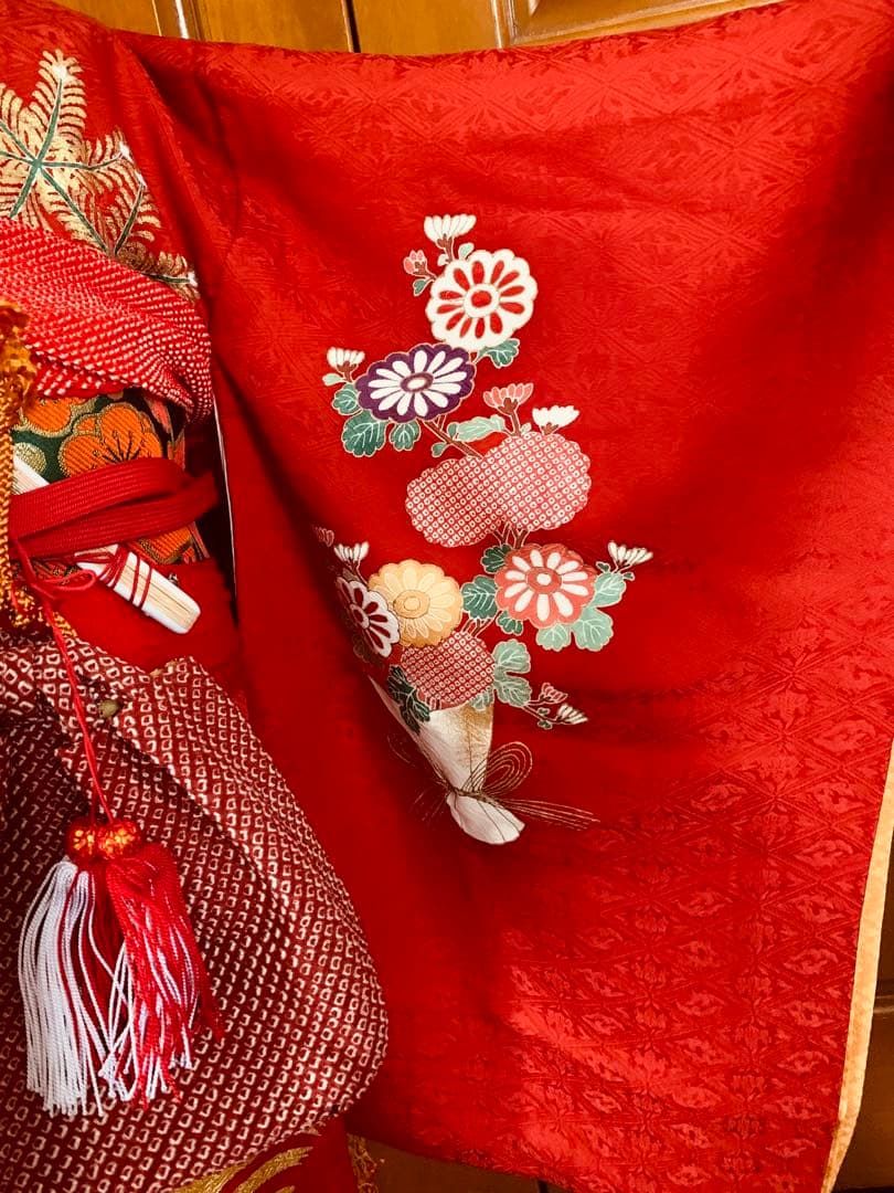 七五三　三歳の女の子のお支度　正絹お宮参り初着　襦袢まで全て正絹お着物フルセット