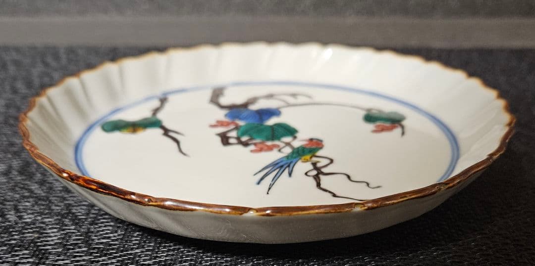 江戸時代末期～明治時代 古九谷 色絵 木の実に鳥の図 【二重角福】 紅