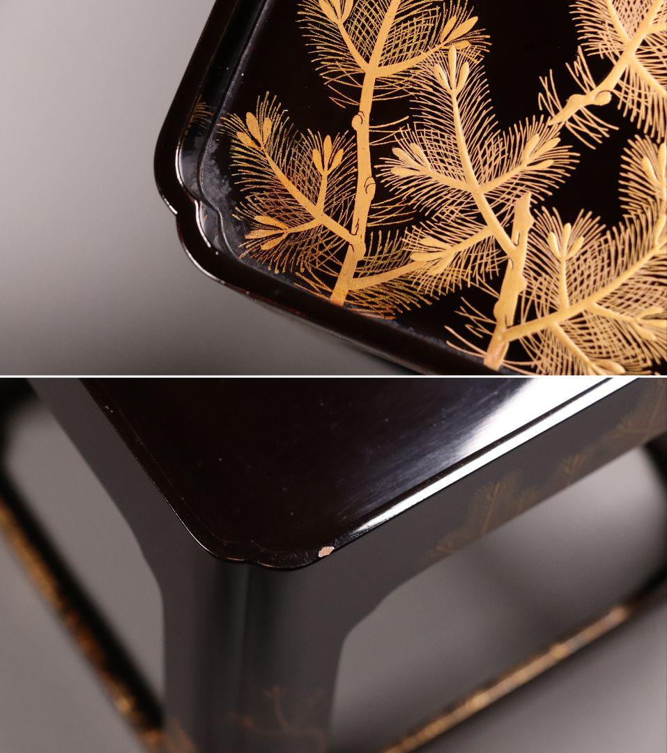 MA243 加賀蒔絵 能楽・翁 本金高蒔絵 朱塗三ッ盃・盃台 松蒔絵 木製 杯