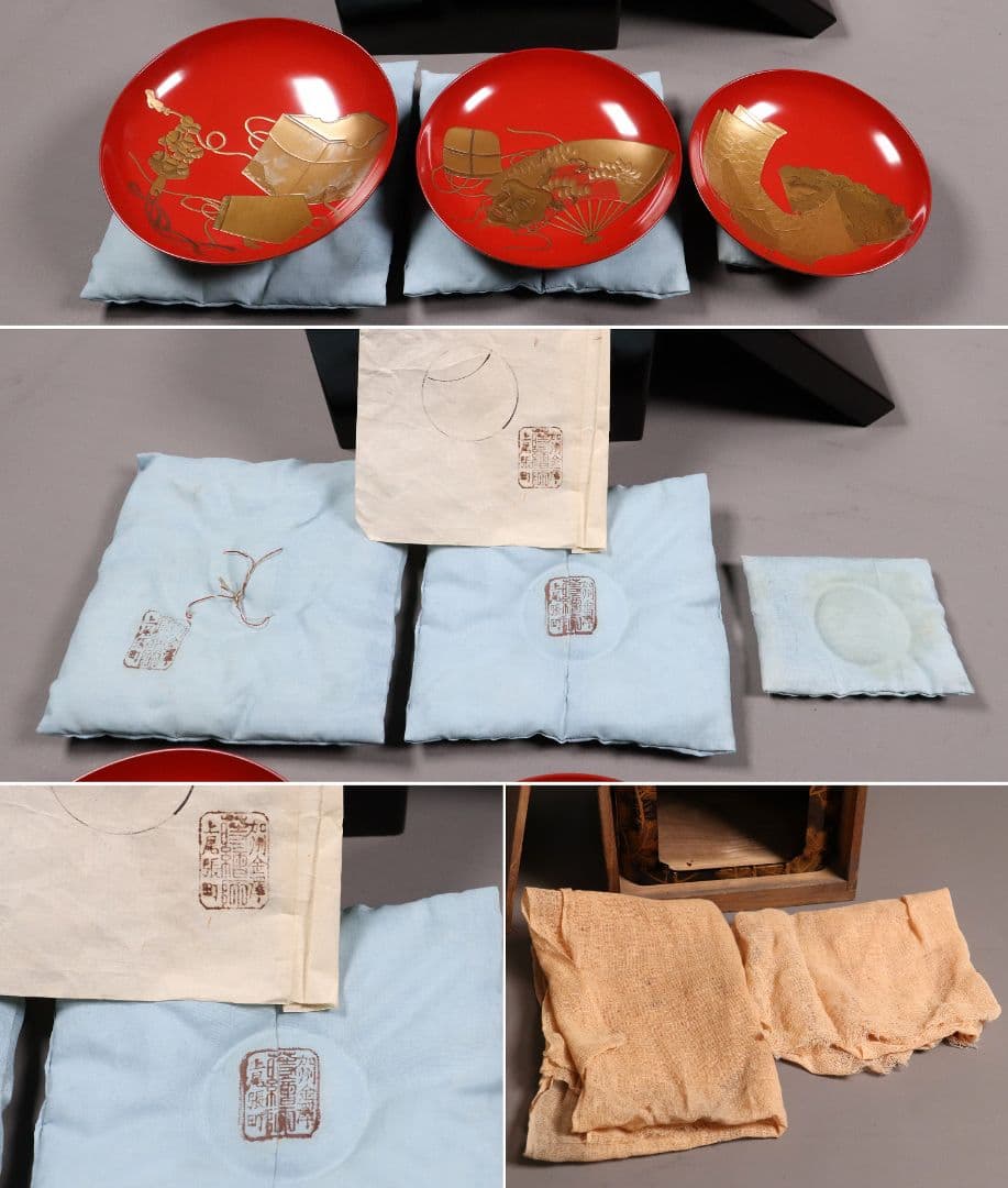 MA243 加賀蒔絵 能楽・翁 本金高蒔絵 朱塗三ッ盃・盃台 松蒔絵 木製 杯