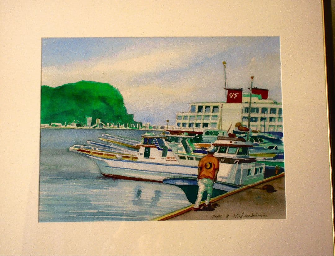 水彩画 港の風景 原画 F6サイズ 額装済み