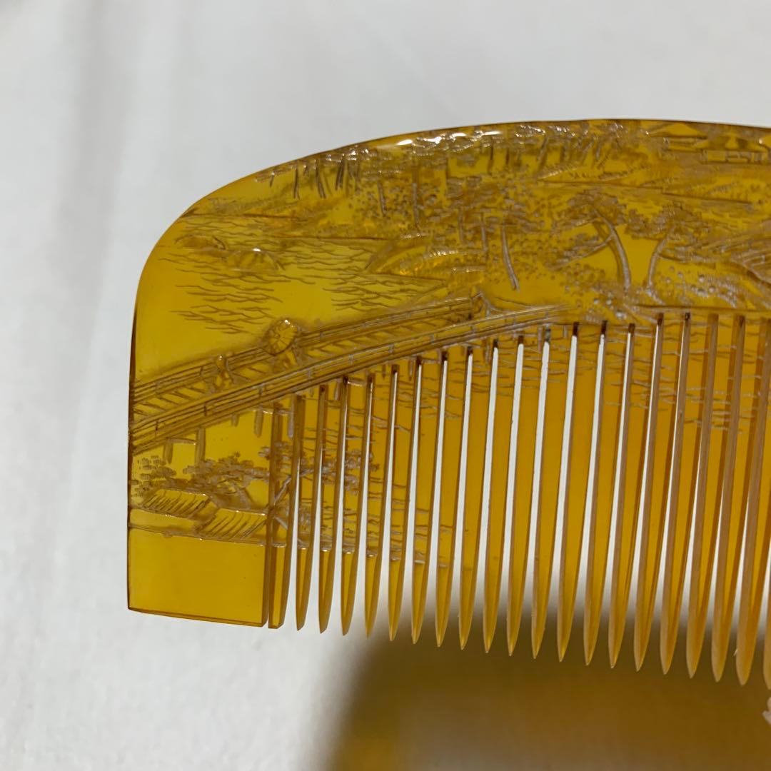 本鼈甲 櫛 嵐山渡月橋 銘あり 超細密彫 超絶技巧 アンティーク 髪