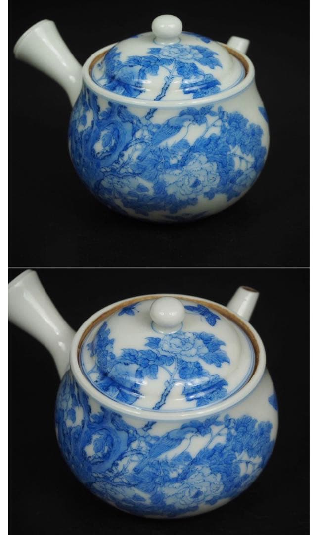 送料無料　明治期美濃焼の名工　加藤五輔造染付細密画牡丹之図茶器