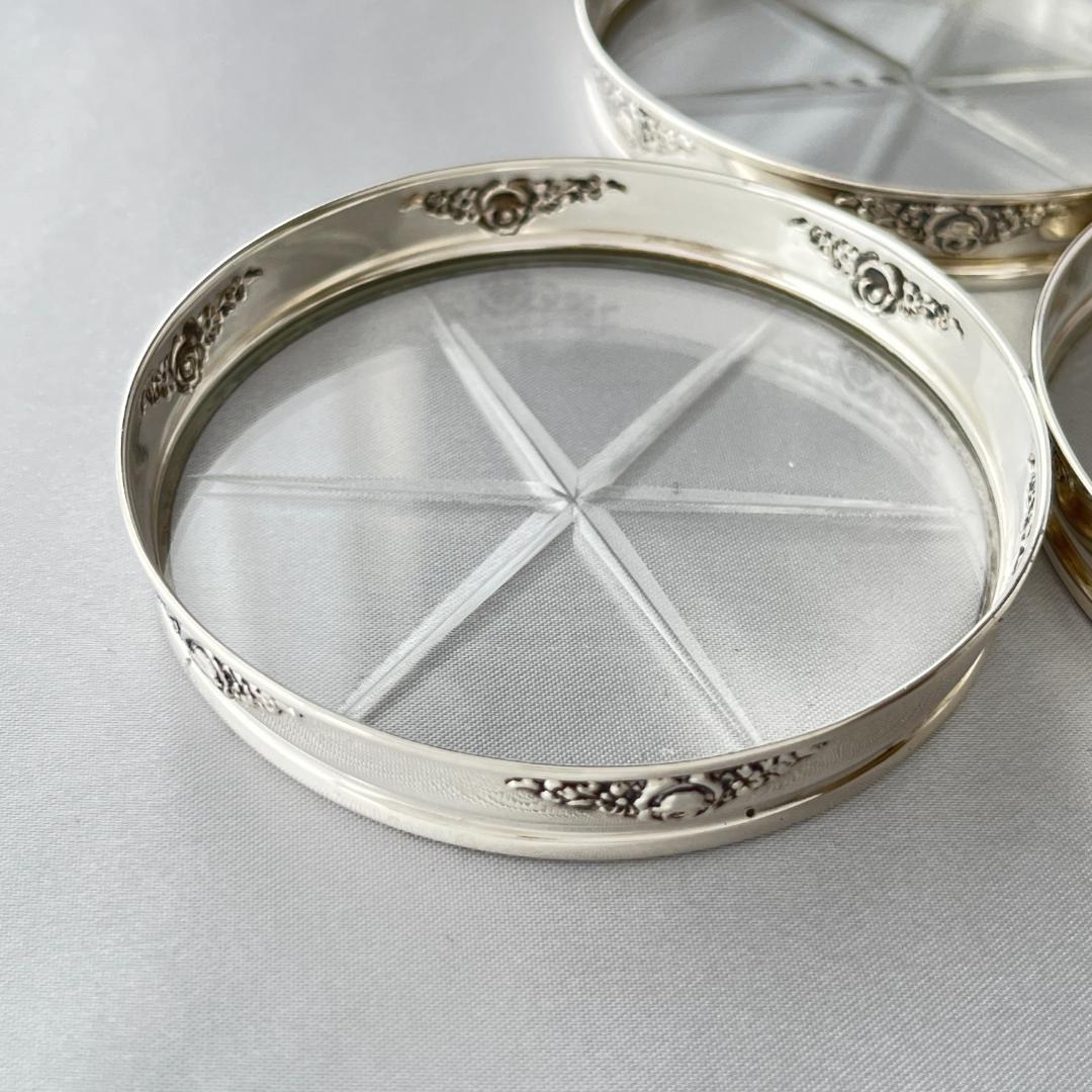 【Webster】薔薇のレリーフのコースター 8枚【純銀 / ガラス】