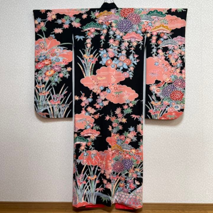 振袖 正絹 ジュニア着物 振り袖 十三参り振り袖 ハーフ成人式 黒地花柄 超美品 10歳〜13歳 正絹 ジュニア振袖レンタル jk0213 女の子 ジュニア着物 十