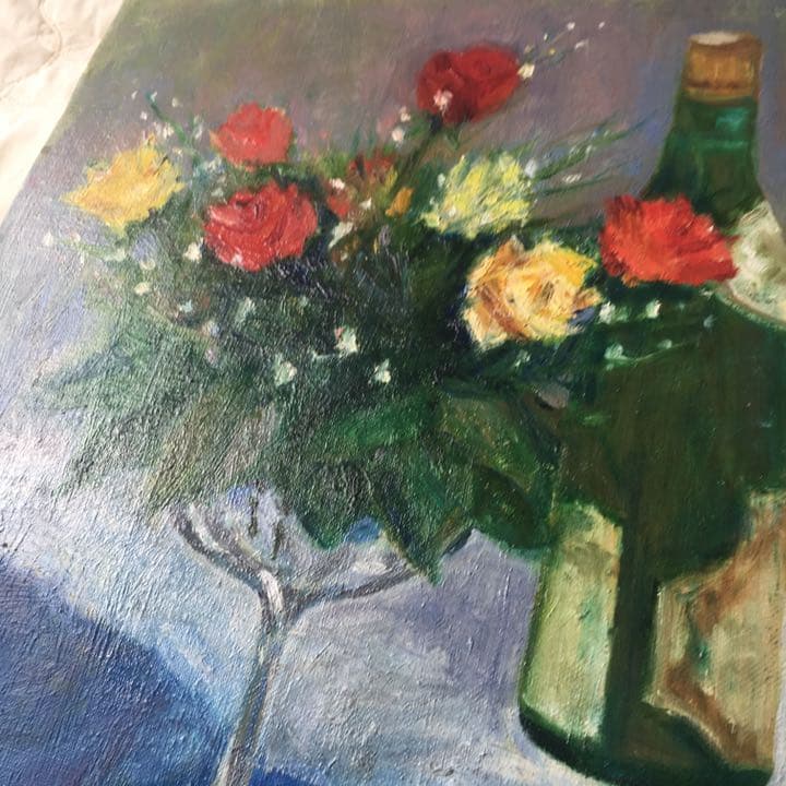 油絵 画家・尾形民子 バラとレモンと瓶の油絵 - メルカリ