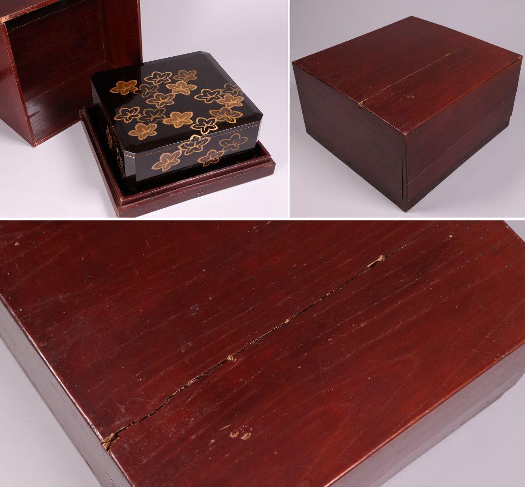 MA523 時代木製漆器 花ちらし金蒔絵 梨地 饅羹重 饅頭箱 菓子重 菓子器