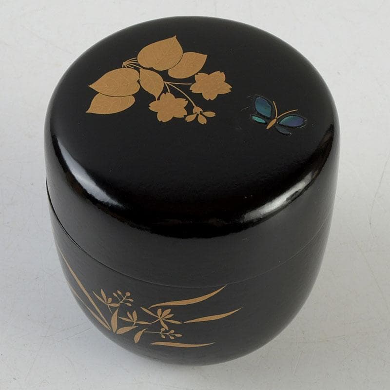 茶道具 堀川蒼雲作 螺鈿装飾 花蝶蒔絵 中棗 共箱 V 9363