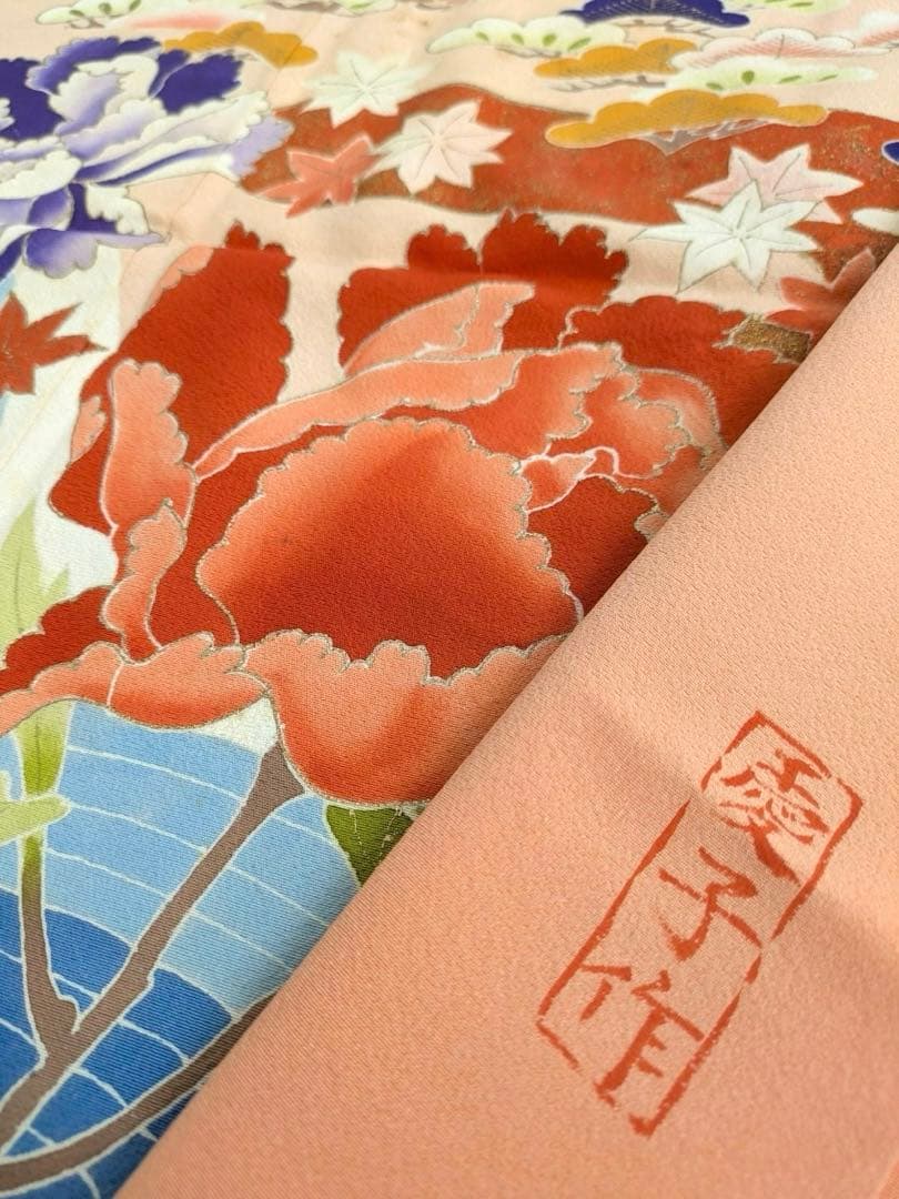 振袖 裄67 作家物 セミアンティーク 一つ紋 青海波に花柄金彩正絹T-3215