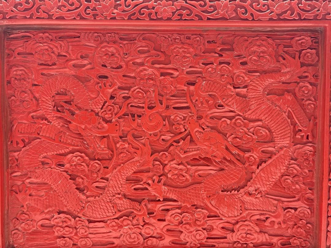 中国　堆朱　硯屏　山水人物&龍紋　送料込み250305