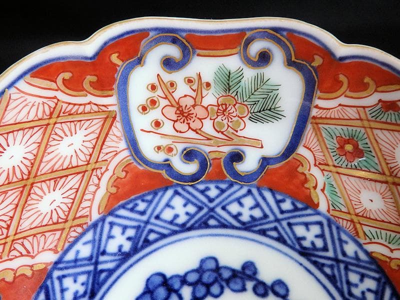 大聖寺伊万里　窓絵　柘榴　松　梅　菊花四方襷紋の図　４寸皿　５枚　AS-fbjf