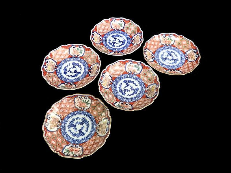 大聖寺伊万里　窓絵　柘榴　松　梅　菊花四方襷紋の図　４寸皿　５枚　AS-fbjf