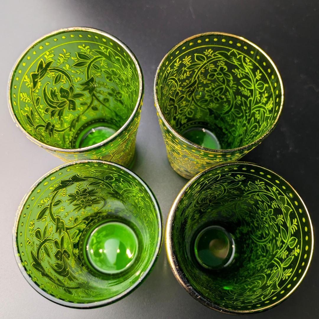Moser モーゼル 金彩グラス 4個セット エメラルドグリーン アラベスク