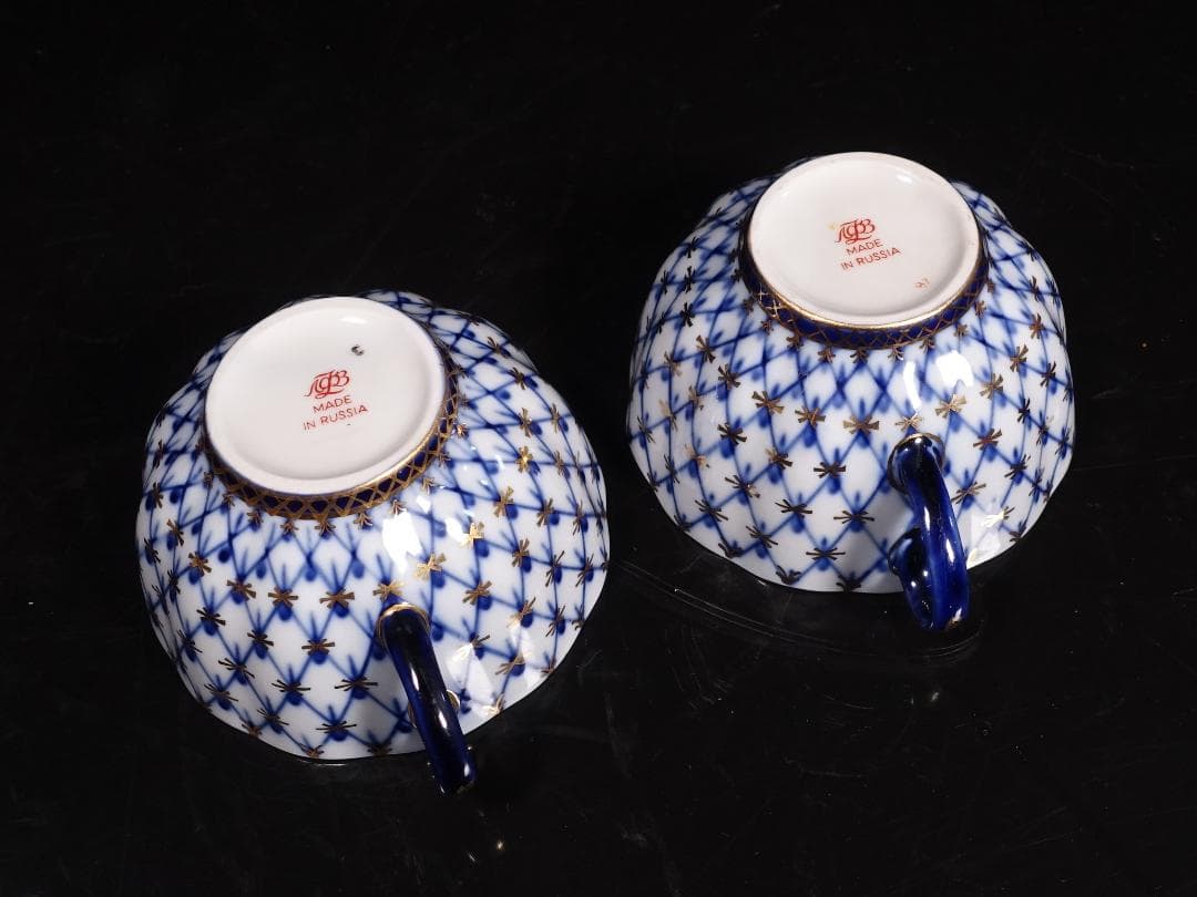 ロモノーソフ LOMONOSOV コバルトネット カップソーサー プレート ペア