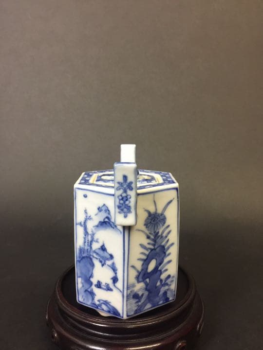 双耳6面三足 山水紋染付香炉  年代物