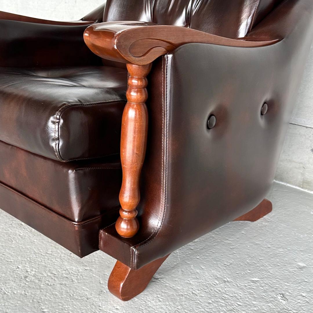 ✦昭和レトロ✦ミッドセンチュリー ラウンジチェア 合皮 × 無垢材装飾