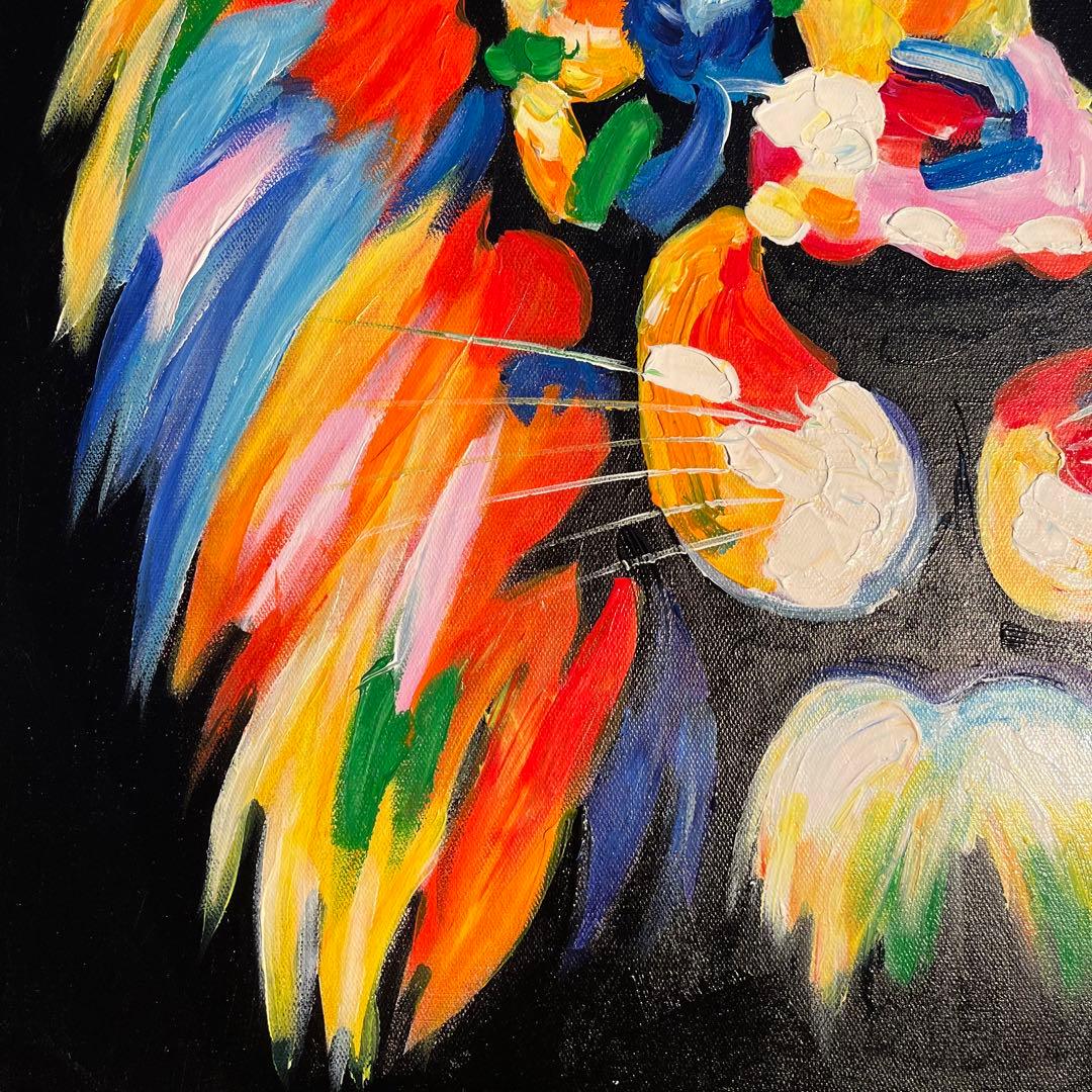 手書き油絵 七色のライオン 額付 絵画 インテリア 油彩画手書き油絵