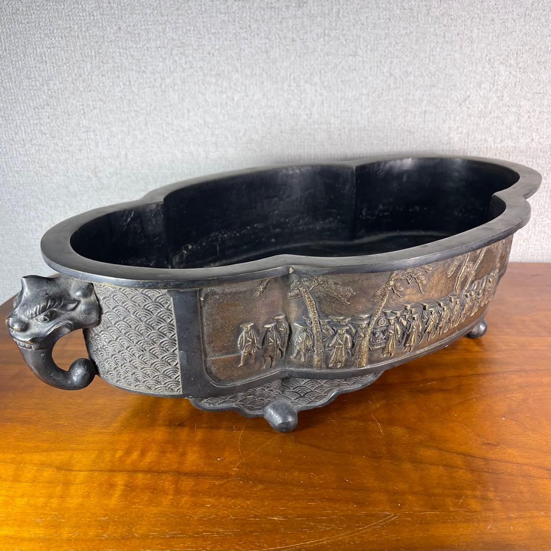 A720⭐︎古銅 高岡銅器 昌雲堂 大名行列象嵌 象耳 水盤 アンティーク