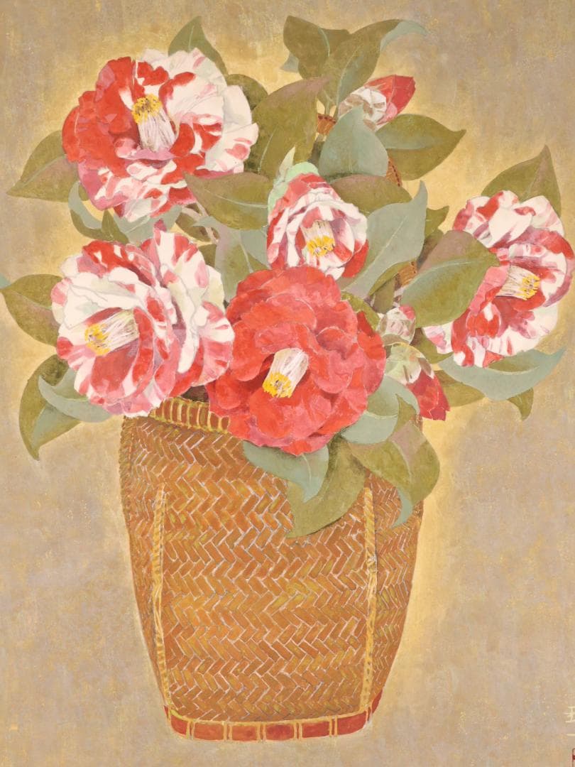 【真作】　間瀬琳一 「 華籠 」　12号　日本画　共シール　タトウ　BK173