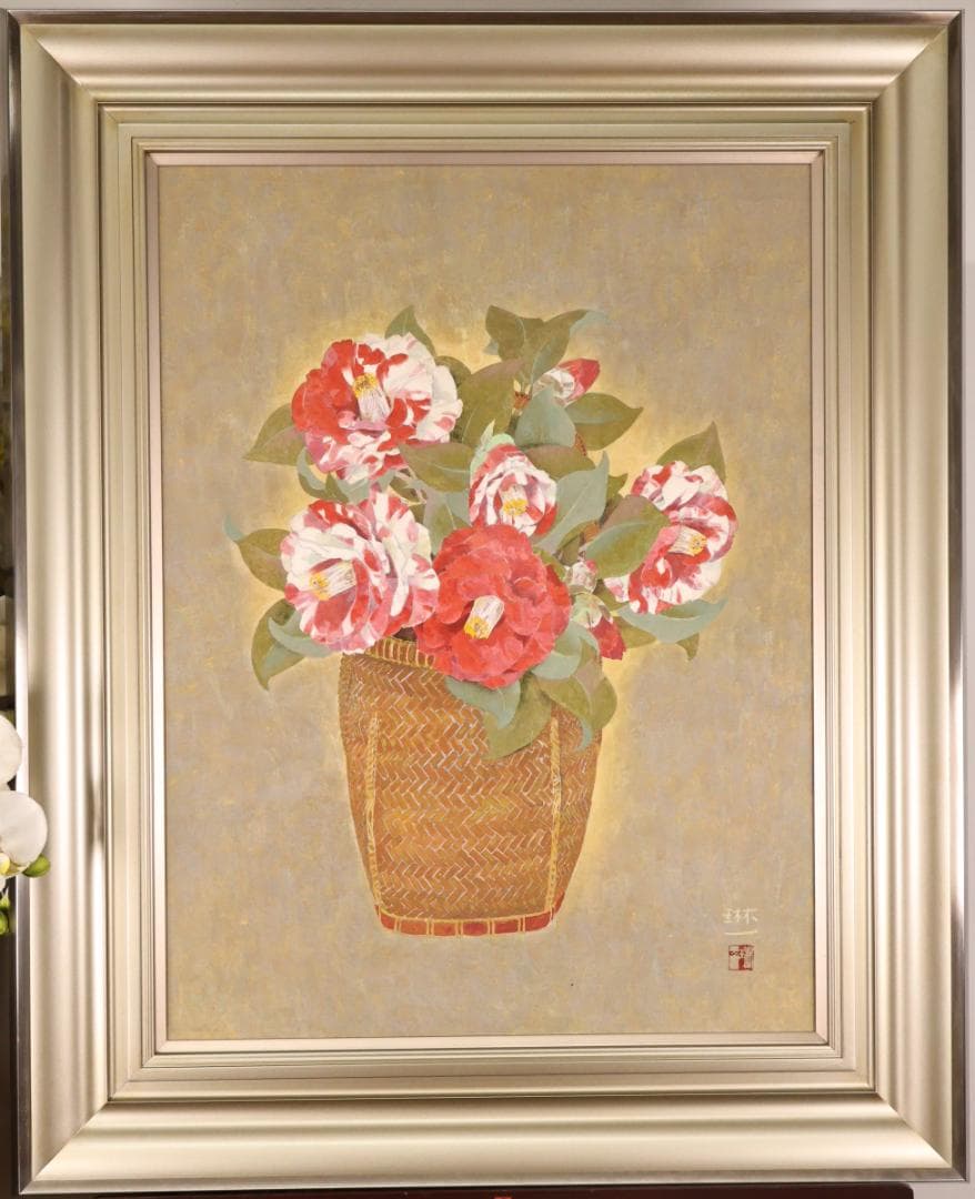 【真作】　間瀬琳一 「 華籠 」　12号　日本画　共シール　タトウ　BK173