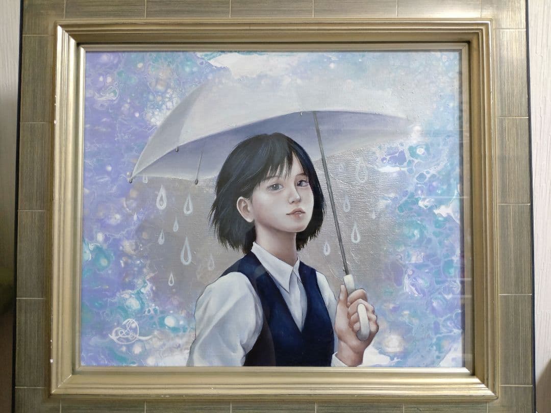 人物画【にわか雨】作者サイン入り/油絵/美人画/フルイドアート