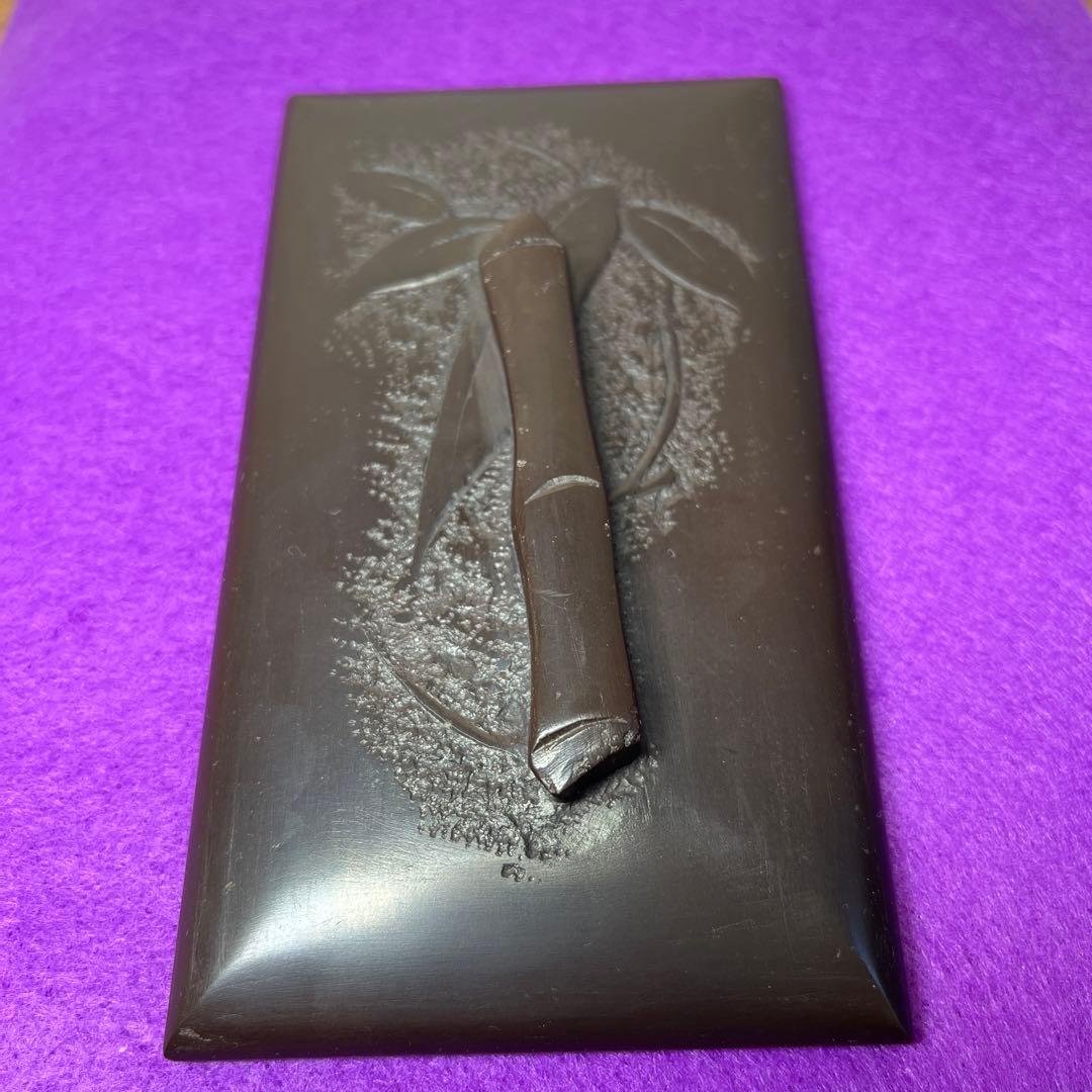 ⭕️赤間硯 植野玉泉堂 玉泉 笹竹葉彫刻石共蓋付き 手間あり入念 蓋